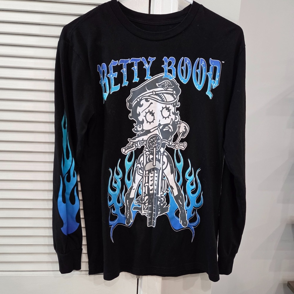 Womens Black Long Sleeve Betty Boop Graphic T-Shirt Blue Flames Size Small